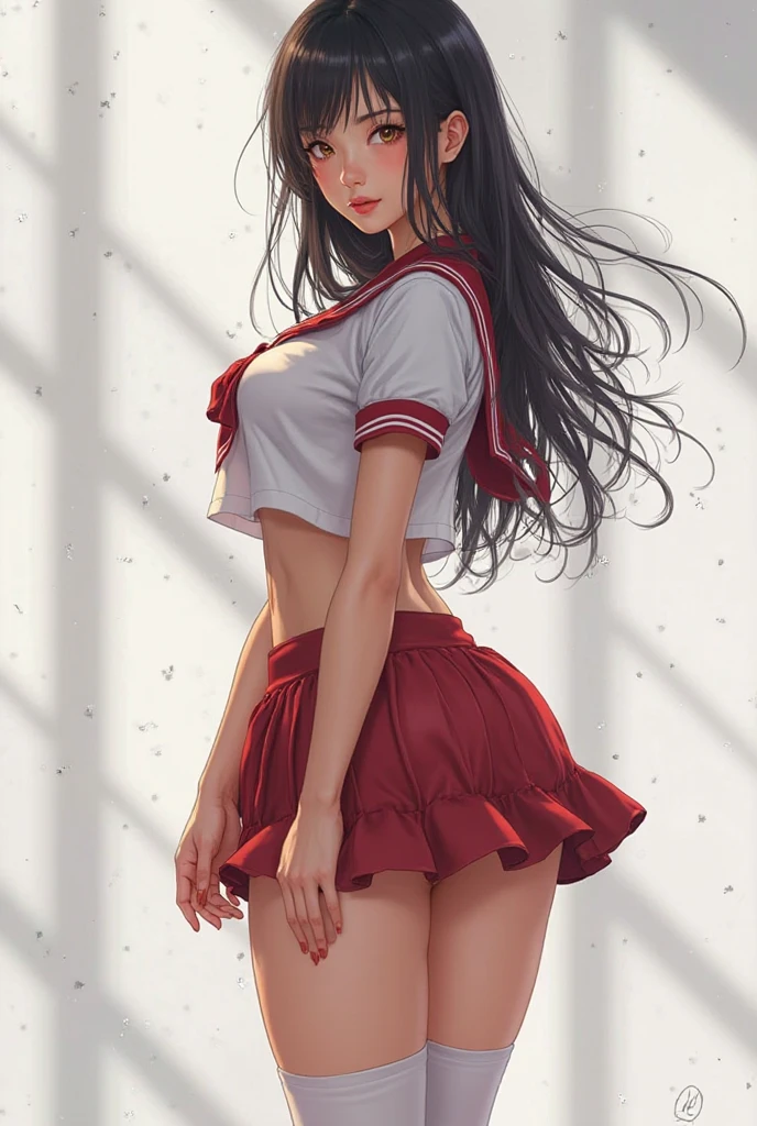 1girl, absurdres, high res, ultrasharp, 8K, masterpiece, looking at viewer, thighs, breasts, huge breasts, crop top, skirt, black hair, long hair, red eyes, underboob, piercing, naval,