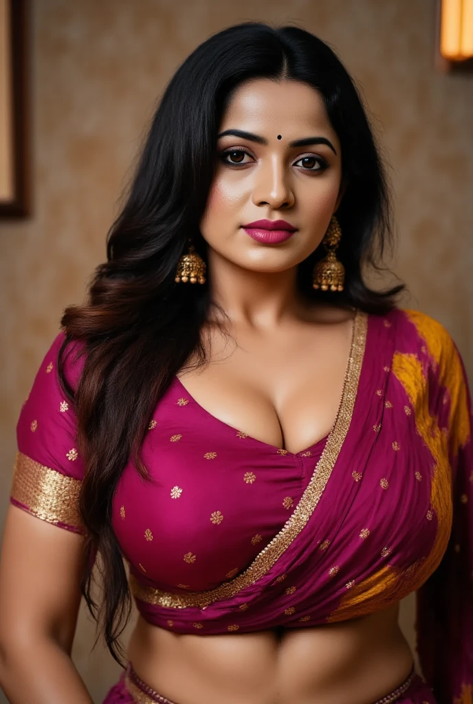 Indian woman masterpiece, best quality, ultra-detailed, (warm hue, warm tone: 1.2), wearing big hook bra , 20 years old, (((big tits1.8))),((Huge breasts 1.6)),(((Plump body 1.8))), (Indian instagram photo, Wearing hook blouse closeup face photo of 23 y.o Chloe in kebaya, Red Lipstick, sensual Lipstick, Sensational Make Up, huge cleavage, huge breasts pale skin, (smile:0.4), hard shadows, White G-STRING, bright lighting