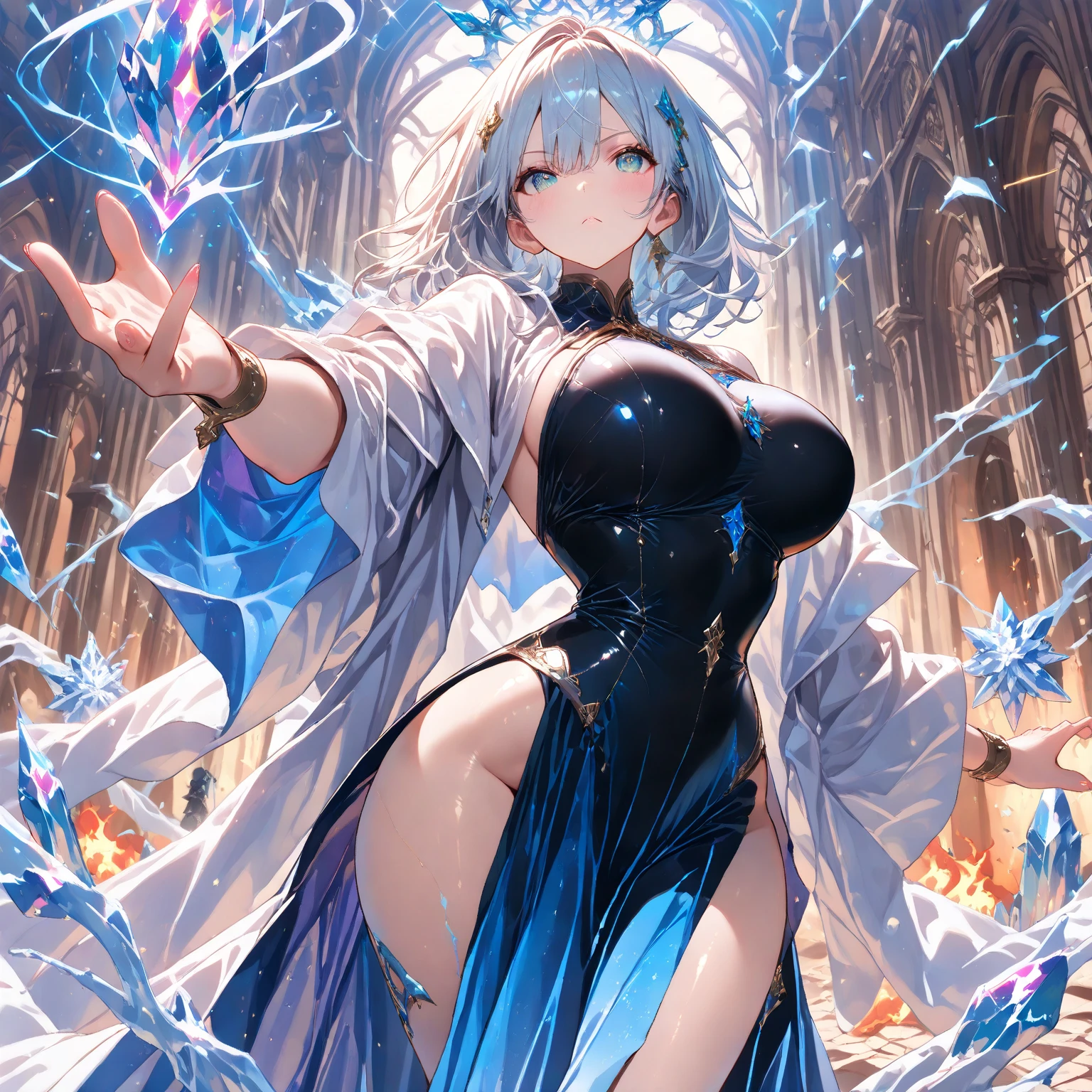 great quality, (1 woman), very focused face, diamond face, perfect eyes, (wearing mage robe), mage robe, magic,  strong shadows, full body, detailed face, (casting spell), blue flashes of light, blue sparks, in battle, detailed abs, shinying eyes, (masterpiece), direct light, underlight, strong jaw, (large boobs), massive ass, thick thighs, (long torso), wide waist, skinny torso, fit, perfect face, sexy, (blushing),
