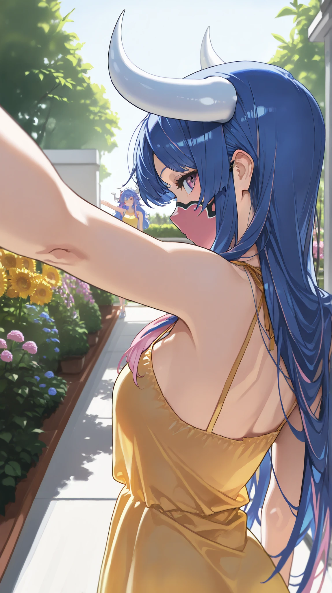 ult1,ult1, masterpiece, best quality, absurdres, UltiOP, mask, long hair, (profile view), (arm extended as if taking a selfie), (looking directly at viewer), (yellow sundress), garden, day, sunshine, white horns, blue hair, pink locks, white horns, blue hair, pink locks