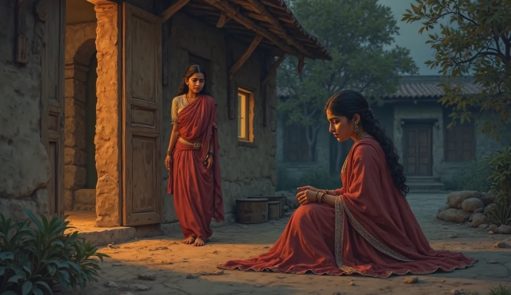 Create a highly detailed digital illustration, ancient style pictures, semi-realistic art, ultra HD dynamic 4K image quality. Riya (as described at 17) sitting on a charpoy, staring blankly at the ground, her face etched with sadness. Savitri (as described) stands in the doorway, observing with concern. The setting is a rural courtyard at dusk. Ensure both faces are clear and consistent.