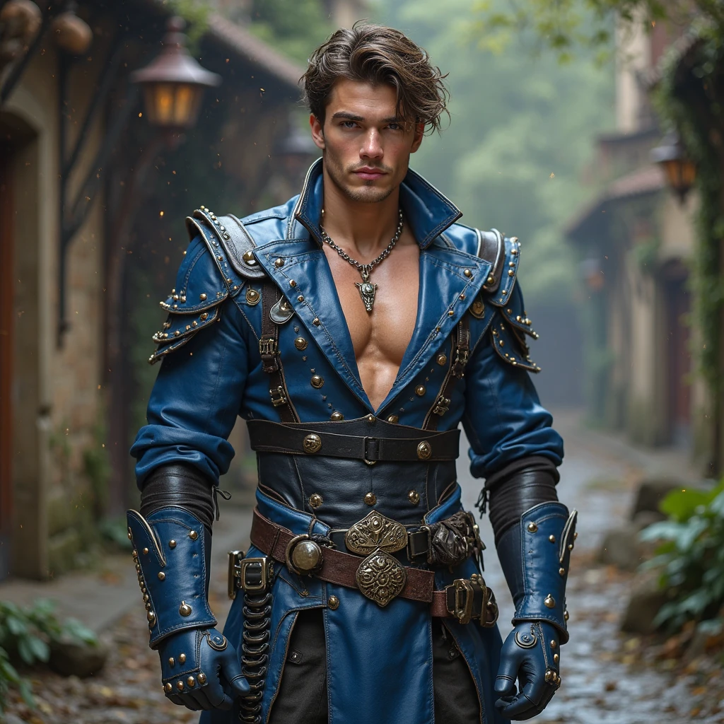 a full body view of a young man in blue black leather bondage clothes D&D Rogue Thief postitute , fantasy blue black leather clothing, open very deep v open chest short clothes, exposing partial bare chest showing a pectoral and nipple. wearing studded blue black leather armor, wearing blue black leather strapped armored vest, mechanic punk outfit, attractive male with armor, muscular!, skimpy blue black leather armor, blue black leather costume, wearing straps and laced tight leather pants with big bulge, Magic Mike inspired looking male. Stealing satchel from handsome man by a D&D town fountain.