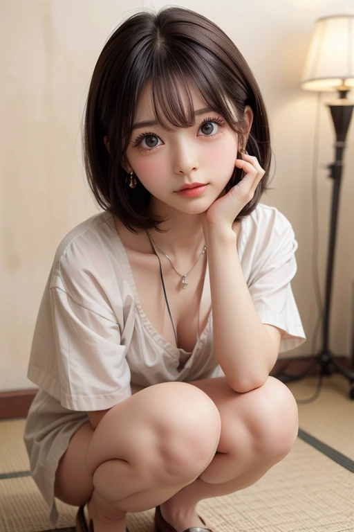 Delicate face, Cute face,Brown eyes, ((permanent)) , (Hands on knees) , Lean forward , masterpiece , best quality , Very detailed , (Mature female) , Super short hair, hair on the temples, Japanese