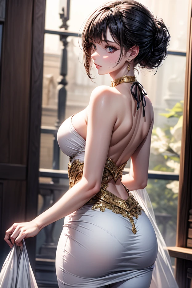 mulher bonita sensual, vestido sensual, corpo todo tatuado, sun illumination, vestido longo, rainbow dress, vestido renda, vestido de couro mulher bonita, (((from behind)))