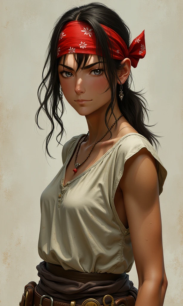 recreates this character in the same clothing, Same color palette, But let her look be serious and she has a red bandana on her forehead