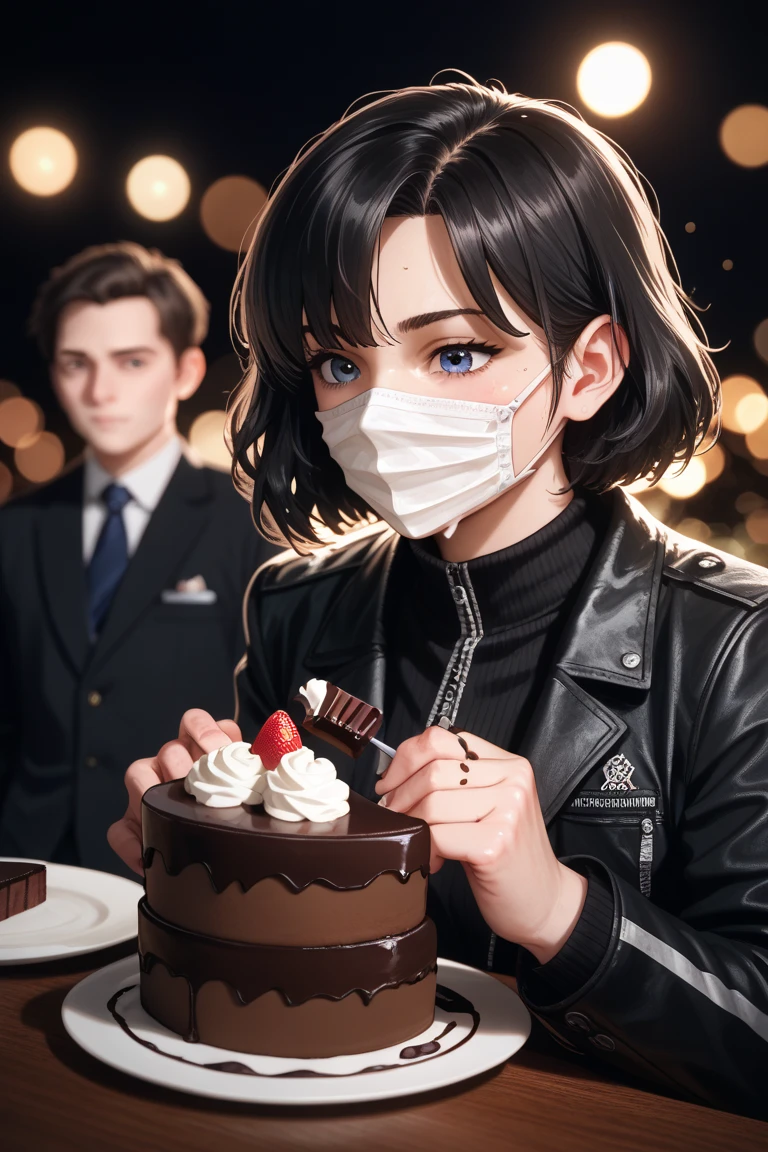 cinematic film still chocolate, chocolate cake, dark background, quality photo, moist texture, frosting, studio photo, slice . shallow depth of field, vignette, highly detailed, high budget, bokeh, cinemascope, moody, epic, gorgeous, film grain, grainy, 1 man with a white mask, black hair, black jacket, holding the world in his hands,