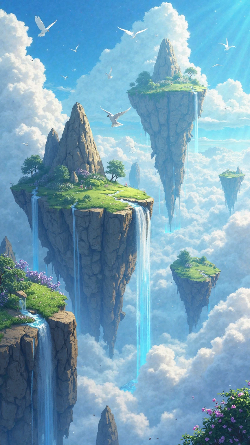 A breathtaking floating island landscape set high above the clouds in a radiant, otherworldly sky. Multiple massive landmasses hover effortlessly in midair, their undersides jagged and textured like ancient cliffs torn from the earth. Each island is covered in lush greenery, with soft hills, scattered trees, and fields of blooming flowers that sway gently in the breeze. The vibrant blue sky is filled with drifting clouds and brilliant sunlight that casts a warm glow across the entire realm.

From the edges of the floating islands, crystal-clear waterfalls cascade downward into the misty abyss below. The water catches the light, creating rainbows and sparkles as it falls, evaporating before ever reaching a visible ground. Some of the waterfalls stream from smaller floating rocks and islets that orbit the larger landmasses like satellites, adding layers of vertical motion and ethereal beauty to the composition.

White birds soar through the sky, gliding between the islands and over the waterfalls, adding life and motion to the tranquil scene. The clouds below are thick and soft, glowing with sunlight and forming a dreamy foundation that stretches out to the horizon, giving the illusion of an endless sea of mist.

In the distance, additional floating islands rise into the atmosphere, some towering with rocky peaks, others flatter and more open like plateaus. Their sheer scale and suspended elegance evoke a sense of ancient magic or divine architecture. Light filters through the clouds and between the gaps of the islands, casting beams that illuminate the water, foliage, and drifting particles in the air.

The atmosphere is serene, vibrant, and magical—a high fantasy world untouched by conflict or decay. The balance of sky, water, and greenery creates a harmonious environment, perfect for an airborne sanctuary, mythical civilization, or secret refuge of the gods.

The art style is bright, anime-inspired, and painterly, with high saturation, soft shading, and a dreamy gl