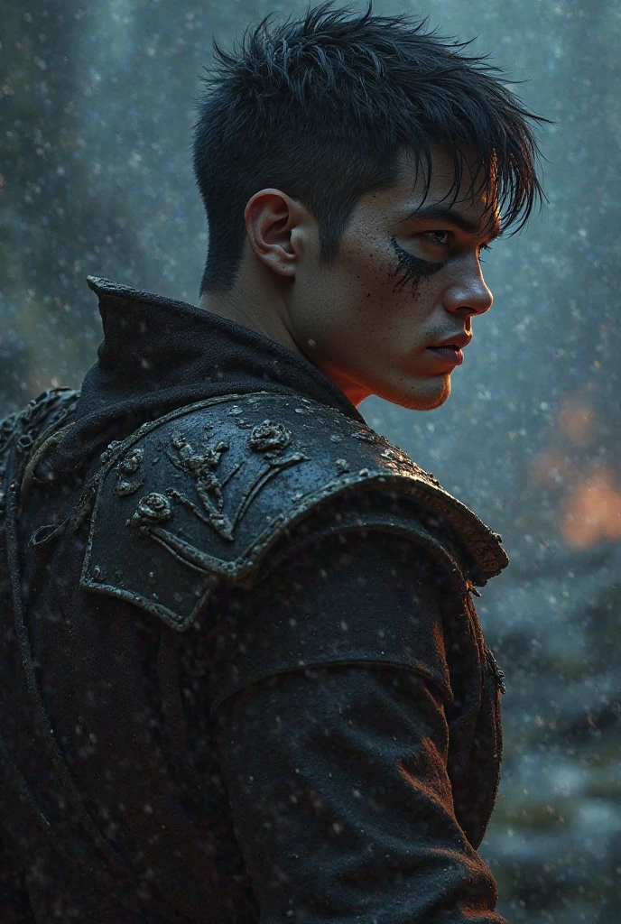  attractive young man , Anfang 20, get black hair, scar over a bright eye, powerful and muscular, Krieger, Nacht