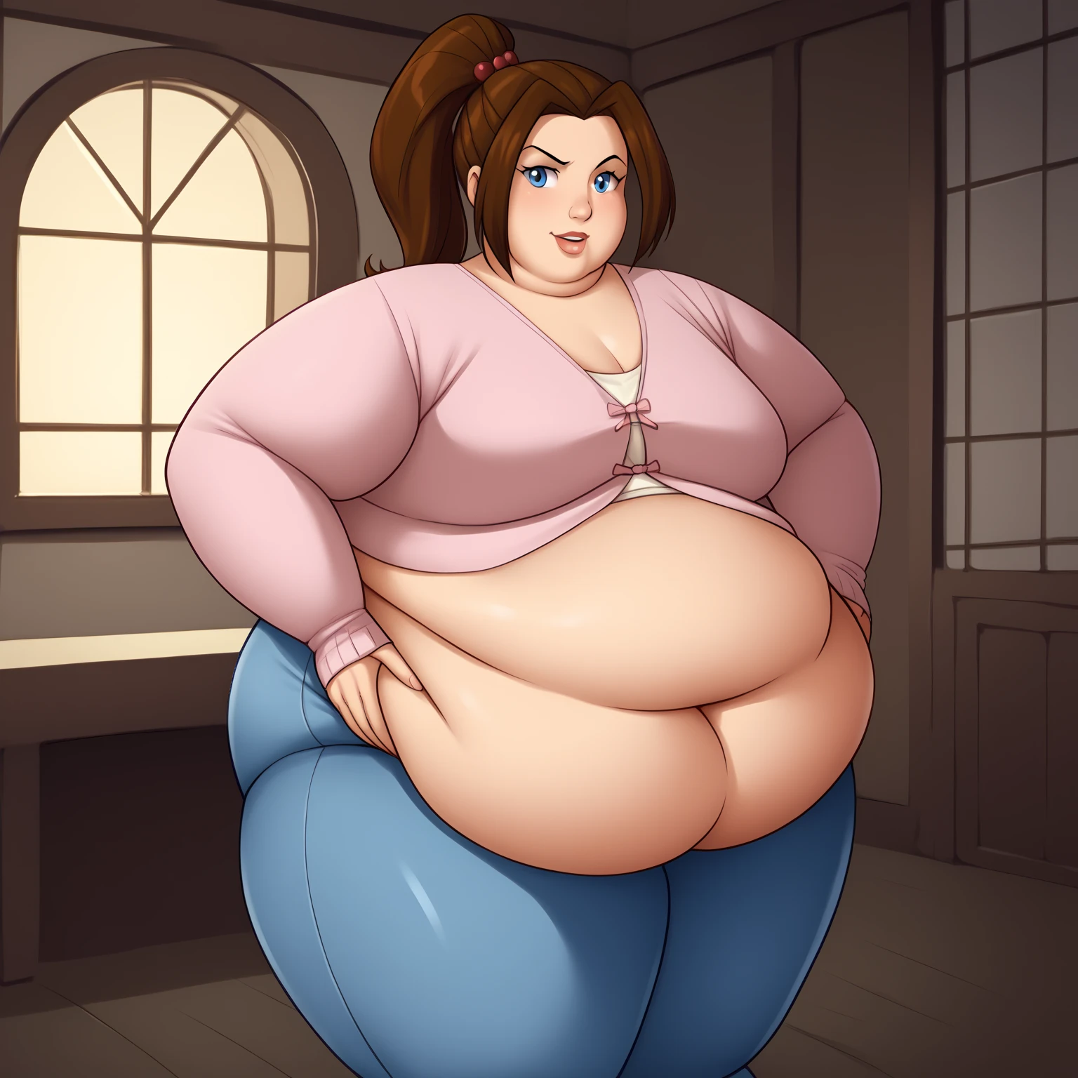 A adult woman wearing a diaper overflowing with poop, gargantuanly sized diaper, poop all over the room, poop oozing out of the diaper, naked, sexy, obese, overweight, fat, chubby body, massive ass, thick legs, chubby arms, Double chin, Cheek, Thick neck, thick arms, fat belly, flabby belly, flabby belly fat, extremely long hair, hair not put up, hair touching the floor, smells, looks like she haven’t showered in years, breasts pouring breast milk profusely,
