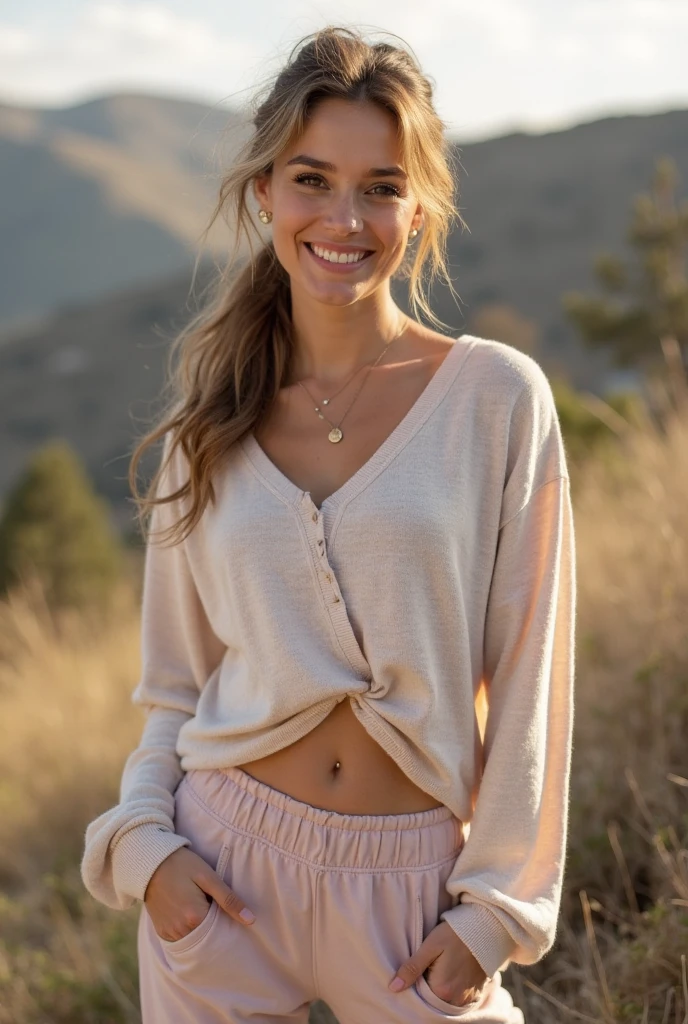 casual, (4k photo:1.1), high detail, wearing yoga, beautiful detailed face, hazel eyes, not too long blonde hair, smiling, having fun, looking to the side, no acne, body shape, riding a horse