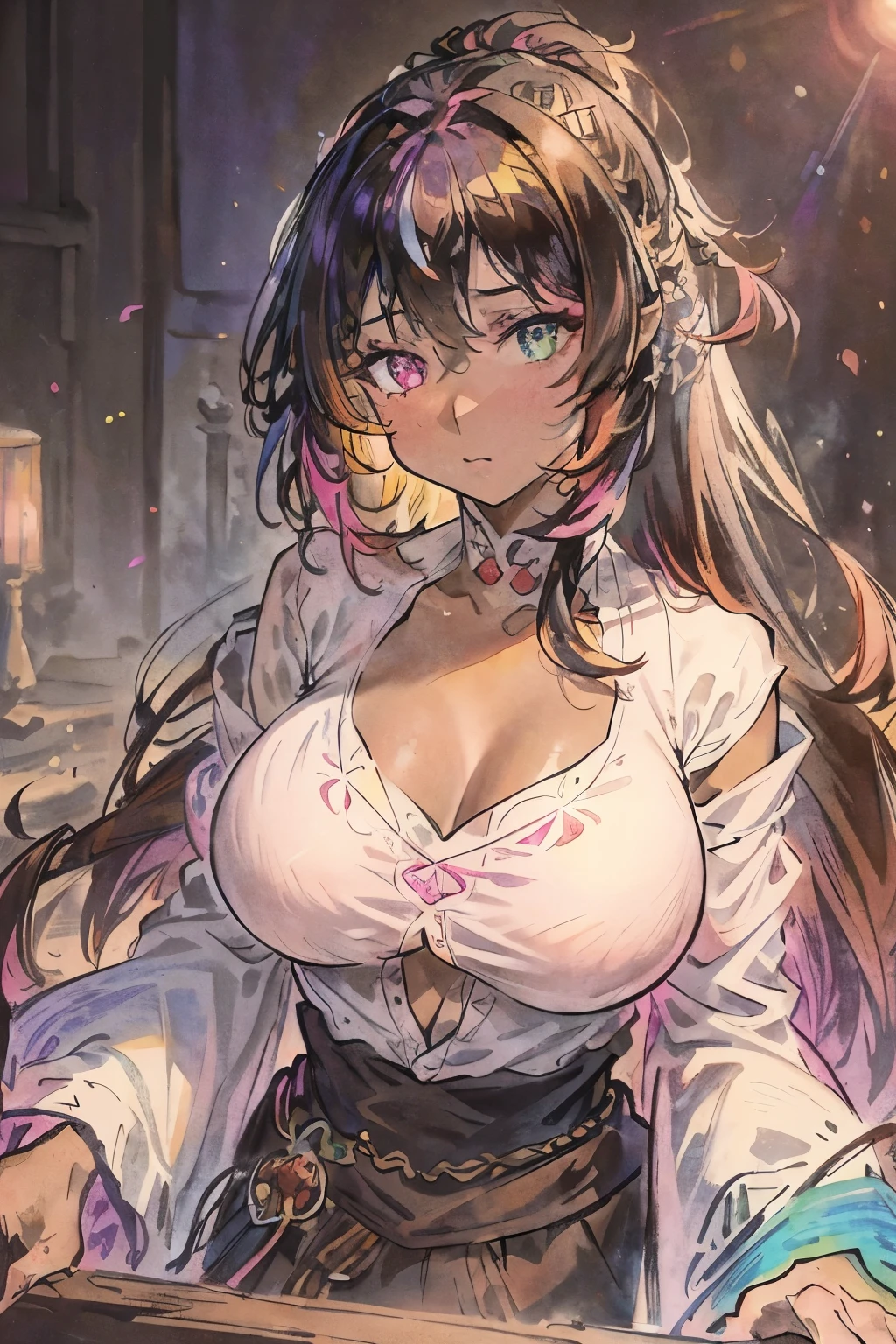 ((((Mature male)))),(((Bust))),grieves,((((Male face))))), ((Perspective)),
, Black hair, (Blue eyes), (Beautiful detail eyes), Game CG, Best quality, offcial art, Extremely detailed Cg Unity 8K wallpaper, Ear decoration, hair adornments,Hair Bow, (Stage), (((Pink lace nightgown))) ((see-through sleeves)), ,((Long hair)),,(((Huge chest))),elbowgloves,Diamond tiara,Leaning forward,(((Pink lace panties)))