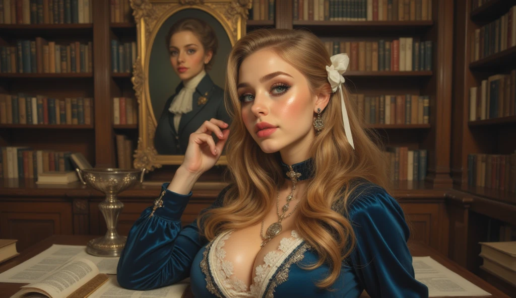 A breathtaking retro-futuristic girl with long flowing golden blonde curls, soft peachy skin, and sparkling green eyes. She wears a deep navy blue Victorian-inspired velvet dress with delicate white lace trim, and a white bow in her hair. Her expression is thoughtful and pure, like a cosmic librarian from a forgotten academy. In the softly lit background, a classical portrait echoes her legacy. Hyper-realistic, painterly textures, cinematic light, timeless beauty, elegant retro sci-fi meets aristocratic academia.