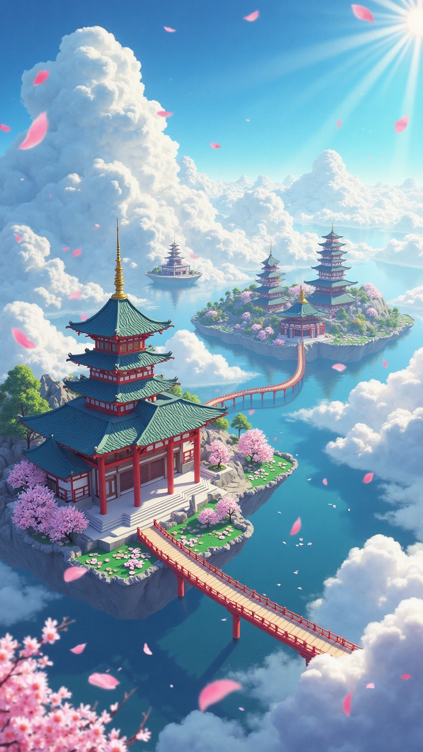 A breathtaking, anime-style floating cityscape inspired by traditional Japanese architecture, suspended high above the clouds in a vibrant, dreamlike sky. Towering pagodas, elegant shrines, and curved green-tiled roofs rise gracefully from a platform surrounded by a sea of white mist. The scene glows with radiant daylight, and every detail is crisp and colorful—an ethereal blend of fantasy and cultural homage.

In the foreground, a vivid red torii gate stands proudly atop a cloud-covered path, marking the entrance to this sacred sky realm. Cherry blossom petals drift through the air, caught in a gentle breeze, adding movement and softness to the pristine atmosphere. The petals shimmer in the light, their pink hues providing contrast to the blue-and-white palette of the surrounding sky.

Traditional wooden bridges painted in crimson connect different structures across the floating platforms. A wide koi pond filled with vibrant lotus flowers and lily pads glistens under the sun, as if miraculously suspended in the air. The water reflects the sky and drifting clouds above, merging earth and sky in a harmonious loop of serenity.

To the left, a tall five-story pagoda rises like a spiritual beacon, its silhouette striking against the bright, swirling clouds. The buildings are adorned with golden finials and ornate woodwork, each corner delicately carved and accentuated by the soft glow of ambient light. The shadows and highlights shift across curved rooftops and wooden beams, creating a sense of depth and warmth.

The sky is a masterpiece of luminous blues, with waves of clouds rolling like an ocean beneath the city. Sunlight streams from above, casting a divine glow across the entire scene. In the distance, the faint shapes of other floating temples and cities can be seen, suggesting an entire civilization living in the sky.

The mood is tranquil, uplifting, and spiritually rich—a harmonious realm where tradition meets fantasy, where the heavens themselves have become a