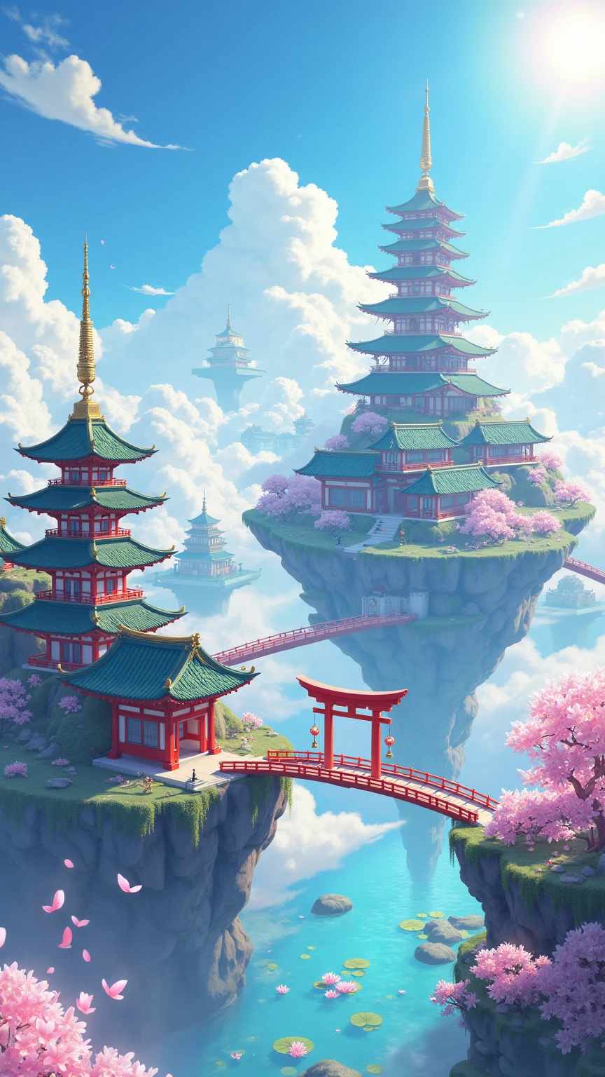 A breathtaking, anime-style floating cityscape inspired by traditional Japanese architecture, suspended high above the clouds in a vibrant, dreamlike sky. Towering pagodas, elegant shrines, and curved green-tiled roofs rise gracefully from a platform surrounded by a sea of white mist. The scene glows with radiant daylight, and every detail is crisp and colorful—an ethereal blend of fantasy and cultural homage.
In the foreground, a vivid red torii gate stands proudly atop a cloud-covered path, marking the entrance to this sacred sky realm. Cherry blossom petals drift through the air, caught in a gentle breeze, adding movement and softness to the pristine atmosphere. The petals shimmer in the light, their pink hues providing contrast to the blue-and-white palette of the surrounding sky.
Traditional wooden bridges painted in crimson connect different structures across the floating platforms. A wide koi pond filled with vibrant lotus flowers and lily pads glistens under the sun, as if miraculously suspended in the air. The water reflects the sky and drifting clouds above, merging earth and sky in a harmonious loop of serenity.
To the left, a tall five-story pagoda rises like a spiritual beacon, its silhouette striking against the bright, swirling clouds. The buildings are adorned with golden finials and ornate woodwork, each corner delicately carved and accentuated by the soft glow of ambient light. The shadows and highlights shift across curved rooftops and wooden beams, creating a sense of depth and warmth.
The sky is a masterpiece of luminous blues, with waves of clouds rolling like an ocean beneath the city. Sunlight streams from above, casting a divine glow across the entire scene. In the distance, the faint shapes of other floating temples and cities can be seen, suggesting an entire civilization living in the sky.
The mood is tranquil, uplifting, and spiritually rich—a harmonious realm where tradition meets fantasy, where the heavens themselves have become a