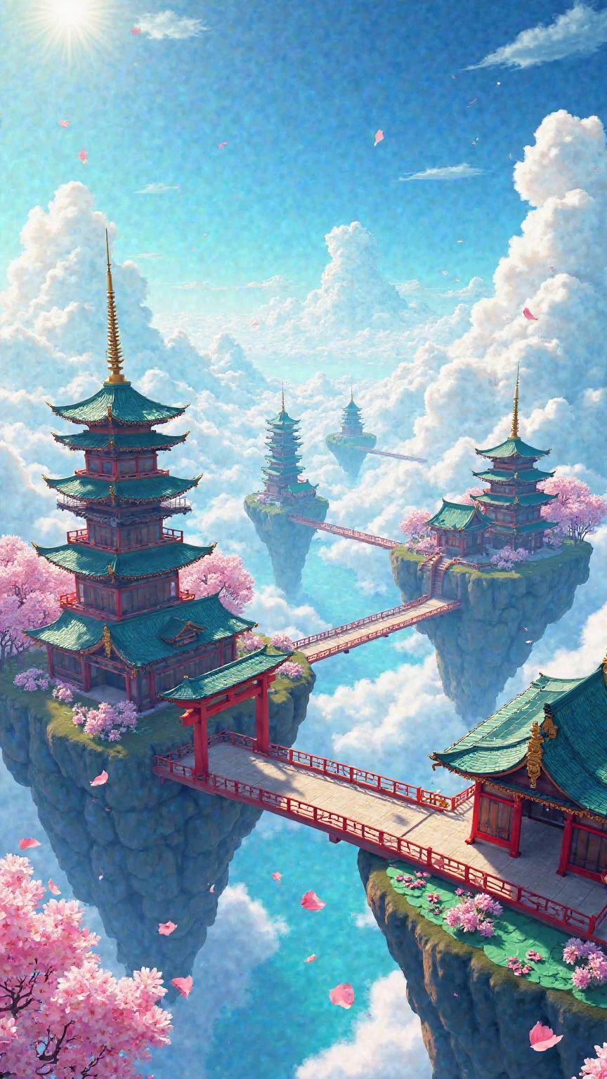 A breathtaking, anime-style floating cityscape inspired by traditional Japanese architecture, suspended high above the clouds in a vibrant, dreamlike sky. Towering pagodas, elegant shrines, and curved green-tiled roofs rise gracefully from a platform surrounded by a sea of white mist. The scene glows with radiant daylight, and every detail is crisp and colorful—an ethereal blend of fantasy and cultural homage.

In the foreground, a vivid red torii gate stands proudly atop a cloud-covered path, marking the entrance to this sacred sky realm. Cherry blossom petals drift through the air, caught in a gentle breeze, adding movement and softness to the pristine atmosphere. The petals shimmer in the light, their pink hues providing contrast to the blue-and-white palette of the surrounding sky.

Traditional wooden bridges painted in crimson connect different structures across the floating platforms. A wide koi pond filled with vibrant lotus flowers and lily pads glistens under the sun, as if miraculously suspended in the air. The water reflects the sky and drifting clouds above, merging earth and sky in a harmonious loop of serenity.

To the left, a tall five-story pagoda rises like a spiritual beacon, its silhouette striking against the bright, swirling clouds. The buildings are adorned with golden finials and ornate woodwork, each corner delicately carved and accentuated by the soft glow of ambient light. The shadows and highlights shift across curved rooftops and wooden beams, creating a sense of depth and warmth.

The sky is a masterpiece of luminous blues, with waves of clouds rolling like an ocean beneath the city. Sunlight streams from above, casting a divine glow across the entire scene. In the distance, the faint shapes of other floating temples and cities can be seen, suggesting an entire civilization living in the sky.

The mood is tranquil, uplifting, and spiritually rich—a harmonious realm where tradition meets fantasy, where the heavens themselves have become a