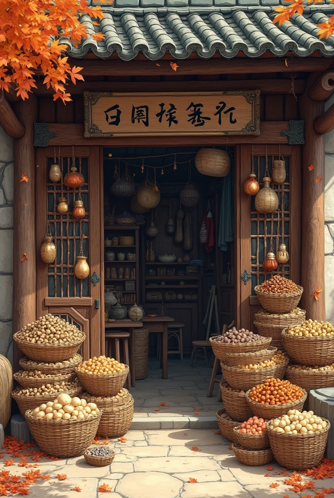 A general store in ancient Asia during autumn. the outside of the store stacked dried food , like salted fist and all s of nuts. there's also craft made from bamboo, rattan and woods. some other random tools are also hanging on the entrance of the store
