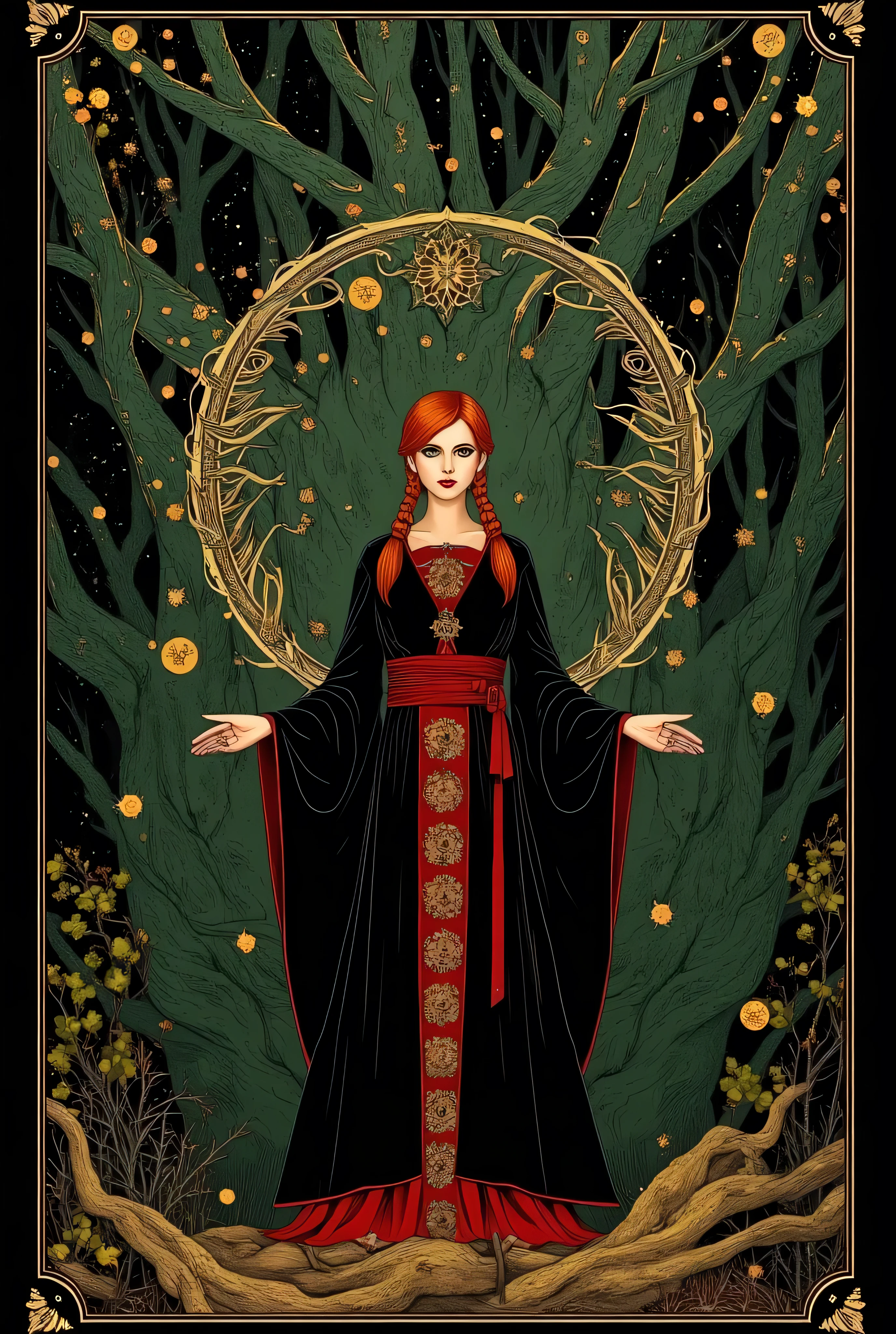 (Tarot card: 1.0), Woman in priest's robes standing in dark forest、English woman, golden eyes、red hair、pigtails, encircling tree々Vines、Multiple symbols floating around、一貫して pattern化された作品、Projected Shadows、 minimalism、Brilliant Color Palette、forest green and vermilion color scheme、Dark Fantasy Illustration、mute light、 Mysterious and Fantastic 、An atmosphere that makes you feel uneasy、surreal、illustration style、A beautiful digital fantasy、Best Quality、masterpiece、 pattern1、DR34ML4ND's