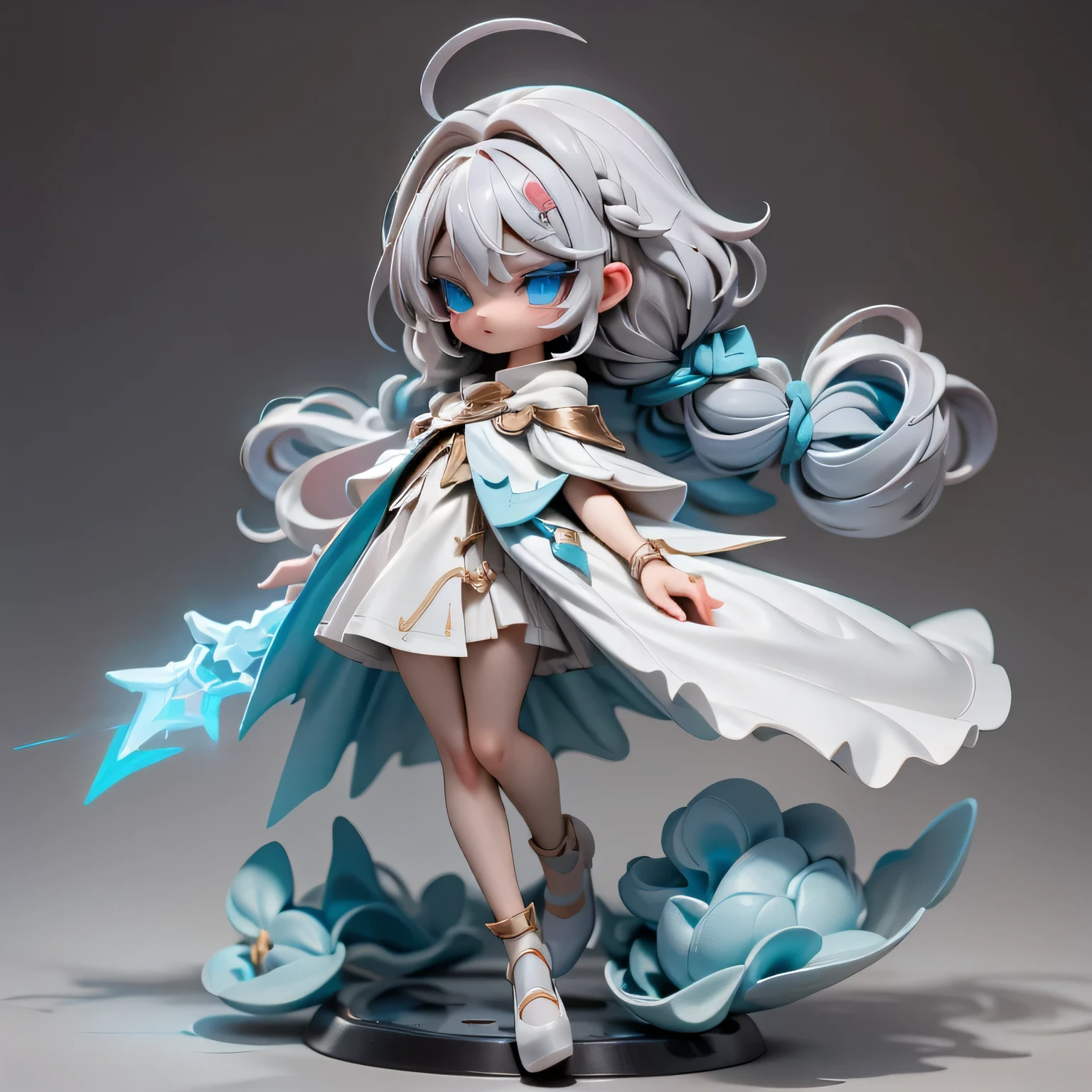 in this full-body portrait、She is a mini character woman with cute fashion that invokes magic、with braids, silver hair, and blue eyes。 The figure of a white mage based on white is expressed with the highest quality 3DCG animation。 Full-body image showing legs