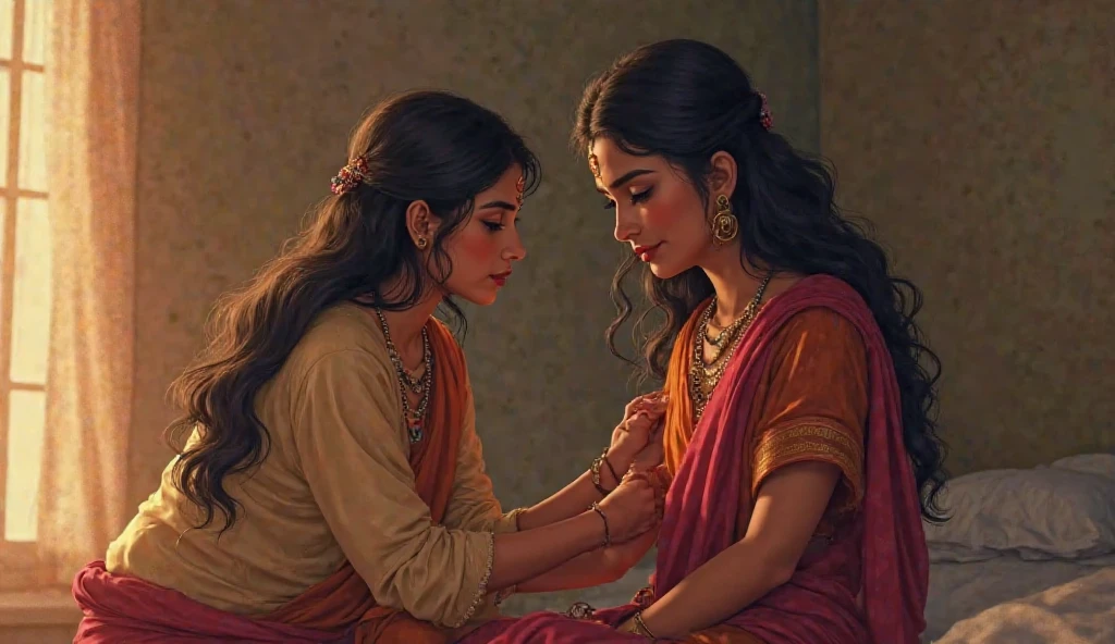 : Create a highly detailed digital illustration, ancient style pictures, semi-realistic art, ultra HD dynamic 4K image quality. Savitri (as described) sitting beside Riya (as described at 17), gently holding her hand, her face full of love and concern. Riya looks down, hesitant. They sit on a simple bed in a softly lit room. Ensure both faces are clear and consistent.