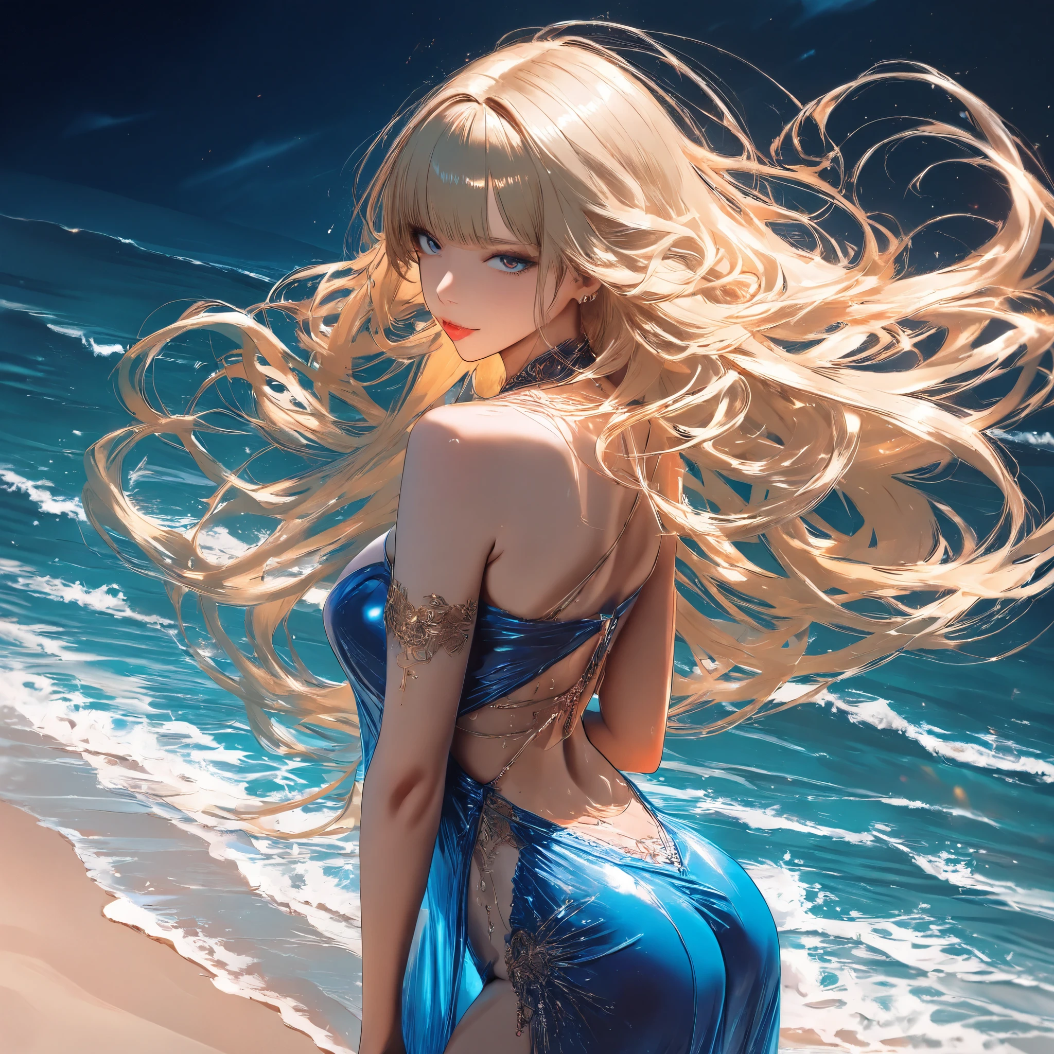 (best quality,4k,8k,highres,masterpiece:1.2),ultra-detailed, 1woman, Greek goddess Aphrodite, Blond hair, skimpy powder blue gown, seethru, on the sea shore, beautiful, alluring, in a seductive pose, looking at viewer, seductive eyes, drawn in the style of Yoshitaka Amano, HDR, 8k, absurdres, cinestill 800, sharp focus, add_detail:2, (solo, woman) ((Masterpiece, best quality)) (Photo Realistic)