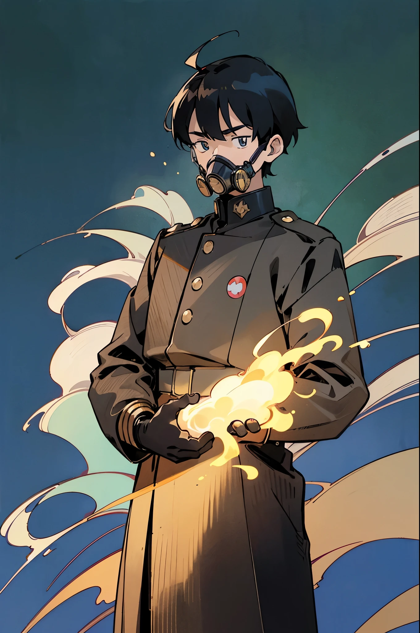 by Ken Sugimori, sugimori 1990s, ((only 1 man)), gas mask, navy military uniform, gold epaulets ((hands behind their back)), full black pupils, manga, best quality, highly detailed, clean lines, cowboy shot, good hands, good eyes, hd, 8k, professional, symmetrical, hires, 8k,