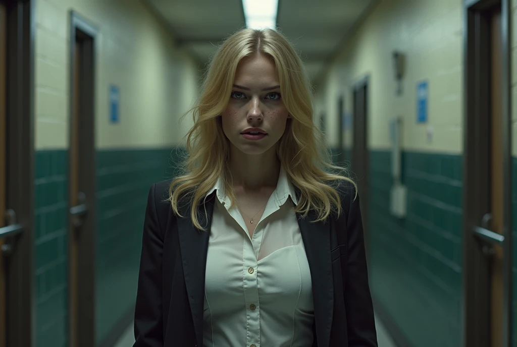 photo of a blonde girl, cute girl, blue eyes, elegant clothes, ((upper body)), dark clothes, ((blood on face, blood, prison)).
