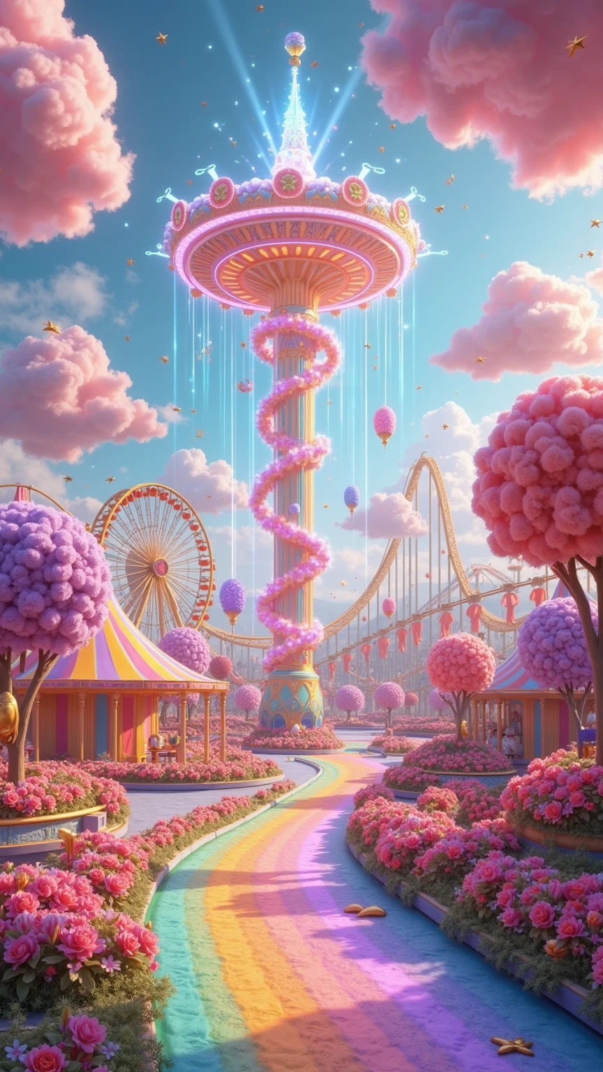 A vibrant, dreamlike fantasy amusement park bursting with color, light, and whimsical energy, set under a glowing pastel sky filled with radiant beams and floating clouds. The scene is infused with magical, rainbow-tinted lighting, creating an atmosphere of pure joy and imagination. Giant cotton candy-like clouds float both in the sky and along the park paths, some of them supporting airborne attractions like a golden carousel suspended midair and tethered by shimmering beams of energy.

At the center of the scene, a futuristic, glowing sculpture spirals upward in brilliant blue and violet light, encased in rings of translucent magic and surrounded by a circular flowerbed of vivid blooms. To the left, a towering Ferris wheel rotates slowly, its cabins shaped like stars and moons, while a roller coaster track curves and loops in the background, disappearing into glowing mist and reappearing midair with impossible twists.

The park is filled with balloons in soft gradients of pink, purple, yellow, and teal, tied to flower posts, floating freely, or carried by invisible wind. Golden stars float and spin like confetti through the scene, and the paths are painted in swirling patterns of candy colors—orange, green, pink, and yellow—forming a living rainbow beneath the visitors' feet.

In the distance, circus tents with gleaming stripes stand beside trees shaped like lollipops, and decorative topiary animals add playful detail to the landscape. Light rays beam down from the sky, illuminating the entire park with an enchanted glow. The air itself sparkles faintly, filled with magical particles drifting slowly through the pastel-toned atmosphere.

Everything in the scene feels buoyant and imaginative—like a blend of a fantasy realm and a ’s most colorful dream. Despite the high energy of the visuals, there is a sense of calm and wonder, as if time moves differently here. The sound of laughter, music, and carousel bells is almost implied, completing the immersive sense o