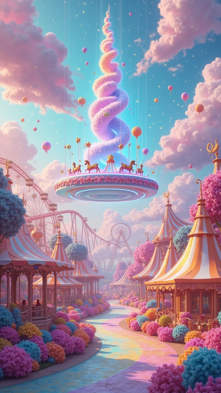 A vibrant, dreamlike fantasy amusement park bursting with color, light, and whimsical energy, set under a glowing pastel sky filled with radiant beams and floating clouds. The scene is infused with magical, rainbow-tinted lighting, creating an atmosphere of pure joy and imagination. Giant cotton candy-like clouds float both in the sky and along the park paths, some of them supporting airborne attractions like a golden carousel suspended midair and tethered by shimmering beams of energy.

At the center of the scene, a futuristic, glowing sculpture spirals upward in brilliant blue and violet light, encased in rings of translucent magic and surrounded by a circular flowerbed of vivid blooms. To the left, a towering Ferris wheel rotates slowly, its cabins shaped like stars and moons, while a roller coaster track curves and loops in the background, disappearing into glowing mist and reappearing midair with impossible twists.

The park is filled with balloons in soft gradients of pink, purple, yellow, and teal, tied to flower posts, floating freely, or carried by invisible wind. Golden stars float and spin like confetti through the scene, and the paths are painted in swirling patterns of candy colors—orange, green, pink, and yellow—forming a living rainbow beneath the visitors' feet.

In the distance, circus tents with gleaming stripes stand beside trees shaped like lollipops, and decorative topiary animals add playful detail to the landscape. Light rays beam down from the sky, illuminating the entire park with an enchanted glow. The air itself sparkles faintly, filled with magical particles drifting slowly through the pastel-toned atmosphere.

Everything in the scene feels buoyant and imaginative—like a blend of a fantasy realm and a ’s most colorful dream. Despite the high energy of the visuals, there is a sense of calm and wonder, as if time moves differently here. The sound of laughter, music, and carousel bells is almost implied, completing the immersive sense o