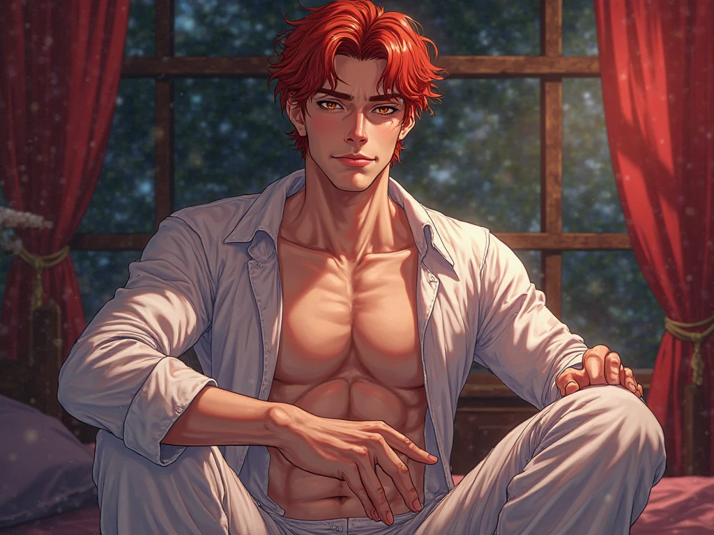 (hyper-realistic digital illustration), (perfect face:1.1), (high detail:1.1) like a renaissance sculpture, extremely handsome male, (naked torso), wearing micro orange tiny g-string, mage long red robes, clean shaved, front view, lying on his back, holding legs raised, athletic body, (white skin), bare chest, flat chest,(long orange hair scruffy ), serene expression, small waist, muscular. best quality, high-resolution