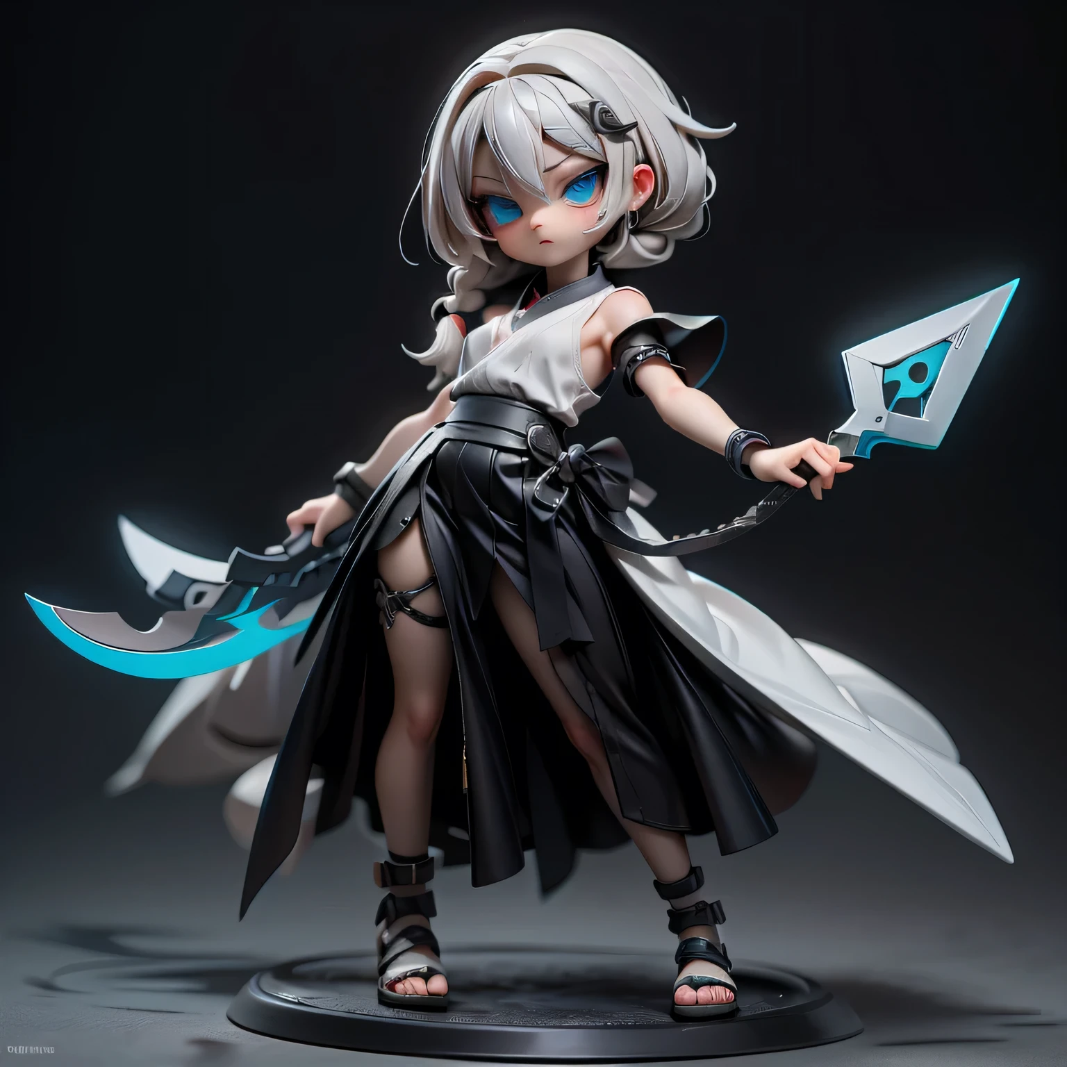 In this full-body portrait,、she is a blue-eyed miniature woman with braids and silver hair、dressed in a black maxi skirt、poses throwing a kunai。 representing a blue ninja based on white with the highest quality 3DCG animation。