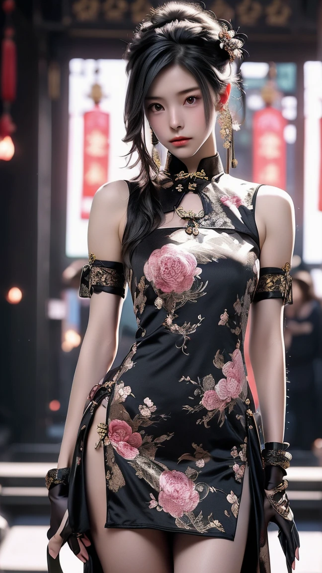 Valentino long-legged black silk cheongsam realistic beauty