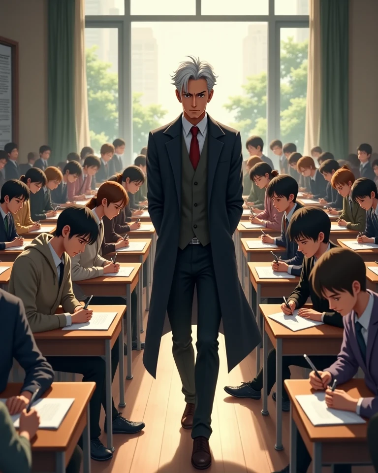 
"Anime style scene of a university classroom during an exam. A stern-looking professor in their late 40s walks slowly between rows of students. The professor wears a long dark coat that billows slightly with each step, adding a dramatic flair. Their sharp, hawk-like eyes scan the room with intense focus, giving the impression that they can see right through the students’ thoughts. Their brows are furrowed, and their hands are clasped behind their back.

The classroom is filled with college-aged students seated at desks, writing intensely on their exam papers. They wear casual clothes — hoodies, t-shirts, and flannel shirts — no uniforms. Some have earbuds tucked away, some nervously biting their nails, but all trying to focus under pressure.

The room is lit with natural light streaming in through windows on one side, casting soft shadows. In the middle of the classroom, there’s a clearly empty seat — the only one not occupied — and the professor's gaze is fixed directly at it, as if making a mental note. The atmosphere is tense and silent, filled with the sound of scribbling pens and the occasional shifting of papers."