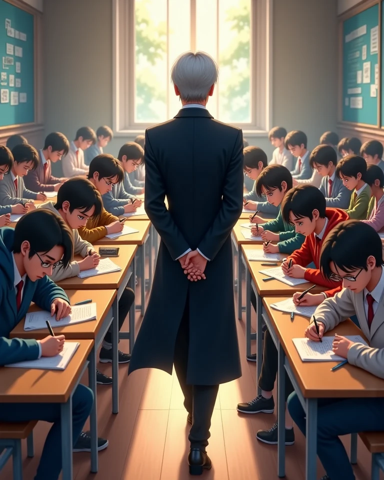 
"Anime style scene of a university classroom during an exam. A stern-looking professor in their late 40s walks slowly between rows of students. The professor wears a long dark coat that billows slightly with each step, adding a dramatic flair. Their sharp, hawk-like eyes scan the room with intense focus, giving the impression that they can see right through the students’ thoughts. Their brows are furrowed, and their hands are clasped behind their back.

The classroom is filled with college-aged students seated at desks, writing intensely on their exam papers. They wear casual clothes — hoodies, t-shirts, and flannel shirts — no uniforms. Some have earbuds tucked away, some nervously biting their nails, but all trying to focus under pressure.

The room is lit with natural light streaming in through windows on one side, casting soft shadows. In the middle of the classroom, there’s a clearly empty seat — the only one not occupied — and the professor's gaze is fixed directly at it, as if making a mental note. The atmosphere is tense and silent, filled with the sound of scribbling pens and the occasional shifting of papers."