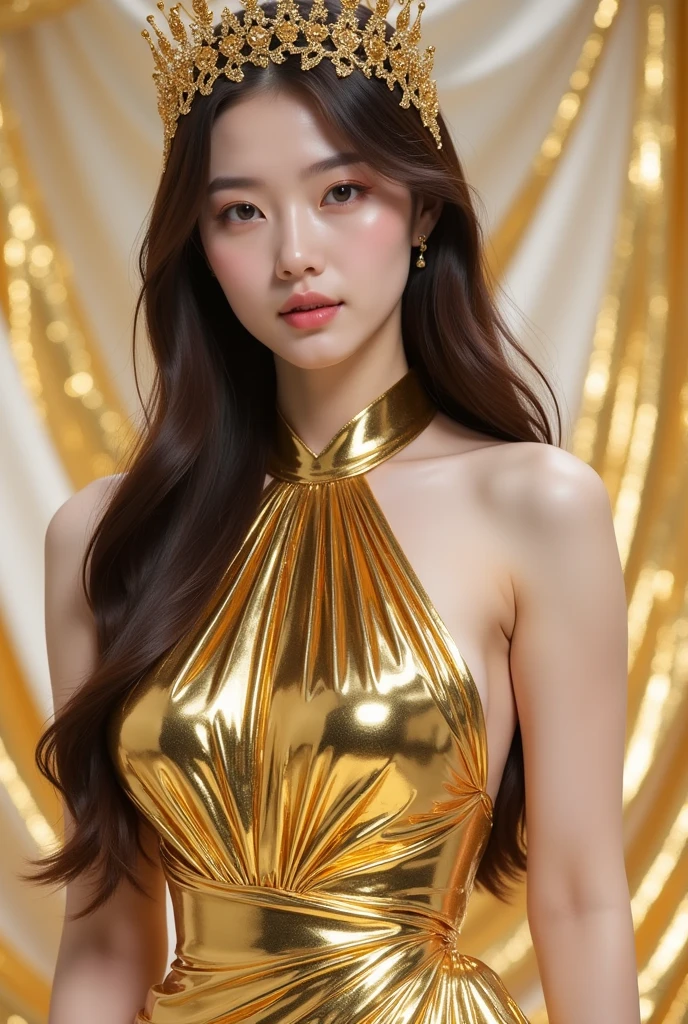 Jennie Kim, una mujer con un Golden dress posando para una foto de cuerpo completo, Golden dress, beautiful asian model, wrapped in gold, Sha Xi, Elegant golden body, tall goddess, thin and beautiful, wrapped in gold brillante y plata, golden clothes, 4k ((high quality))