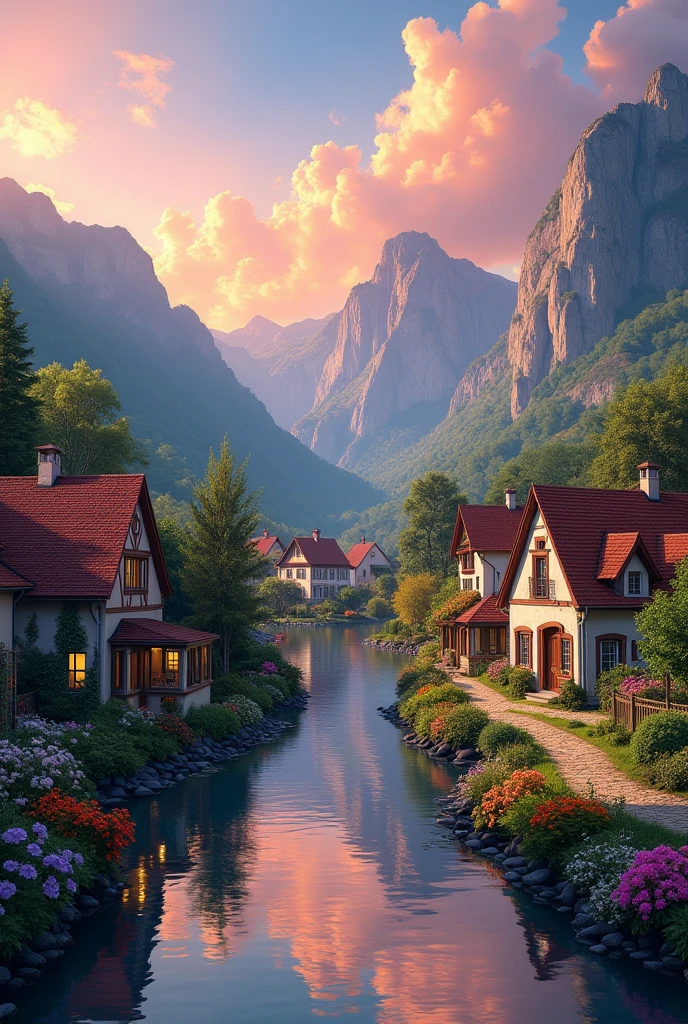 A small village by the river, mountains in the background, colorful flowers, detailed landscape, beautiful natural scenery, atmospheric lighting,  scorching sunset ,  warm colors, practical, photographic, detailed foliage, complex buildings , cobblestone street, charming country house, vibrant colors, lush vegetation, reflections in the water, pitoresco, idyllic, work of art, Best Quality, 8k, extremely detailed, anime style