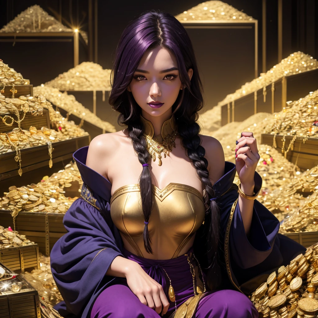 Sexy goddess holding gold coins in her hand