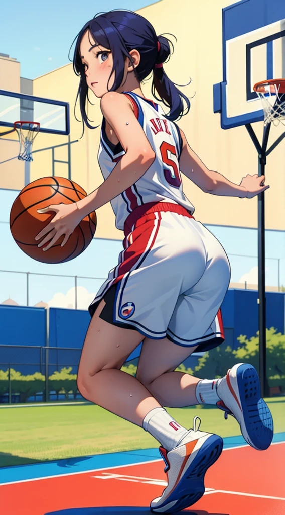 masterpiece,ultra-detailed,ultra quality, illustration, ,simple eyes, beauty face, cute face, colorful hair, 1girl,smile,basketball player,basketball uniform,(basketball court),sweaty skin,(full body),(jump:1.3),parfect anatomy
