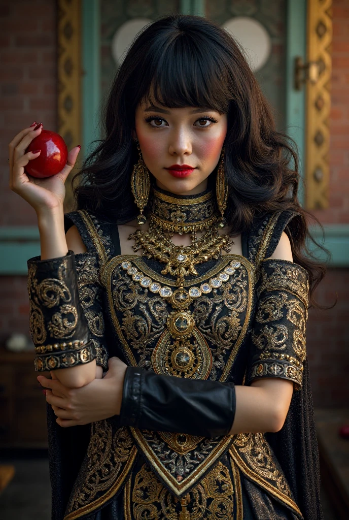 ((RAW photo),  absurd, (absurd resolution)), masterpiece, better quality, (Extremely detailed 8k unity CG wallpaper), (best illustration), (best shade), Realistic lighting, detailed and beautiful shine, (( 21 years old)), chica, long black hair, black queen, accessories, apple in hand, poisoned apples, witch queen, red lipstick, (((Photographic perspective of her)))