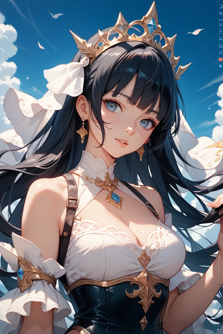 “"Giant breasts" + "large rear" + "wide hips" + " tiny waist" + "plump thighs" + "blue eyes" + "Black eyeliner" + (("shy expression")) + "Longcurly light brown color Hair" + "Red Lips" + "Lucious Lips"”)}, {“Outfit”: Seraphim white magic dress, magic fan weapon, white wings transparent, halo, Clouds, sun, Little wings on the head}).