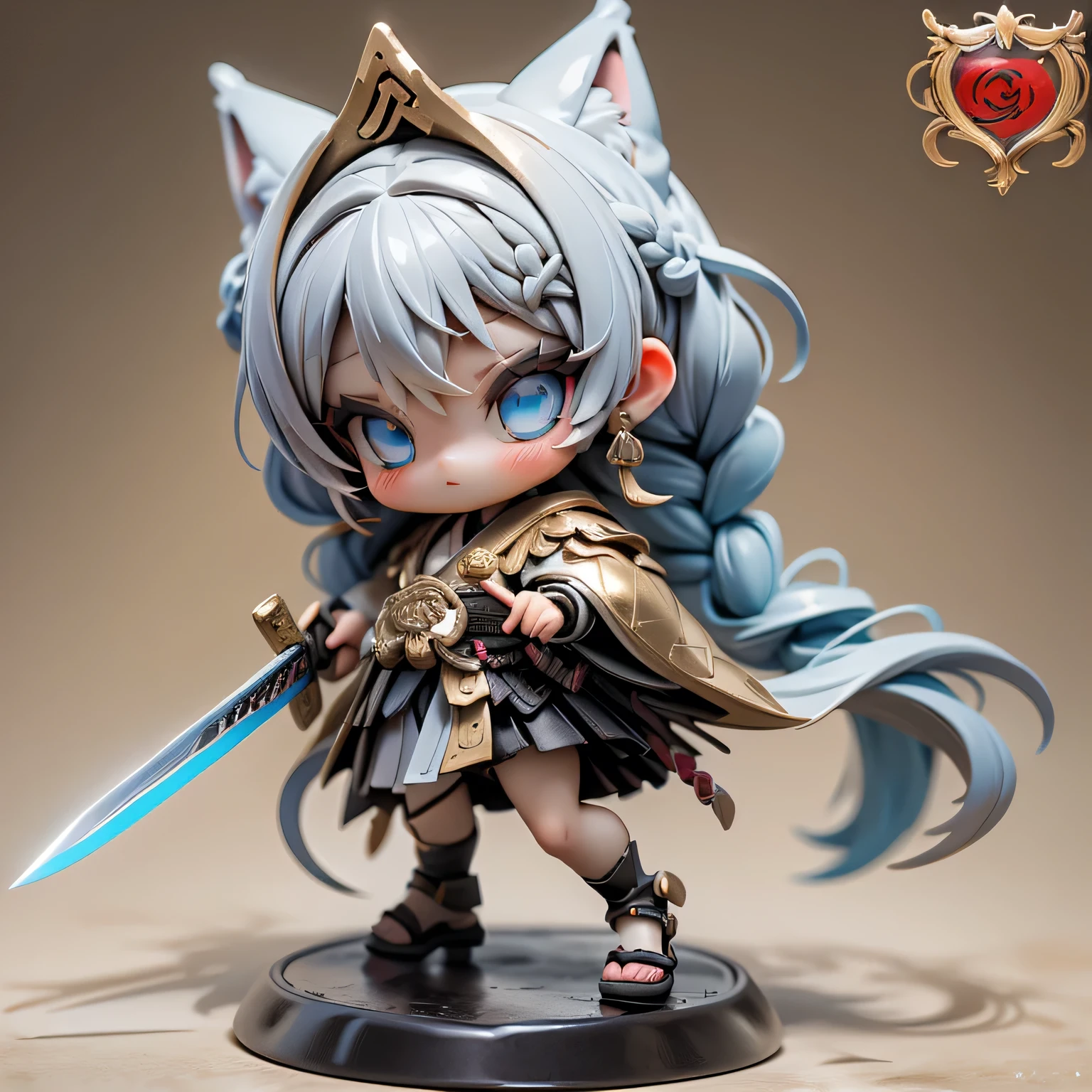 in this full-body portrait、she is a blue-eyed miniature girl with silver hair and braids、posing in Moe fashion、has a Japanese sword。 A golden helmet based on white、甲冑、samurai、three-dimensional Japanese sword with the highest quality 3DCG animation。 full body image drawn up to the foot。
