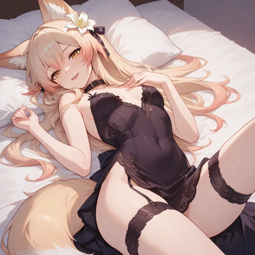 1girl, long golden hair, green eyes, floppy dog ears, slender body, black stockings,on yellow bed.indoors, bedroom, POV, nude, perfect quality perfect eyes, open legs, medium breasts, closed eyes, masturbating, blush