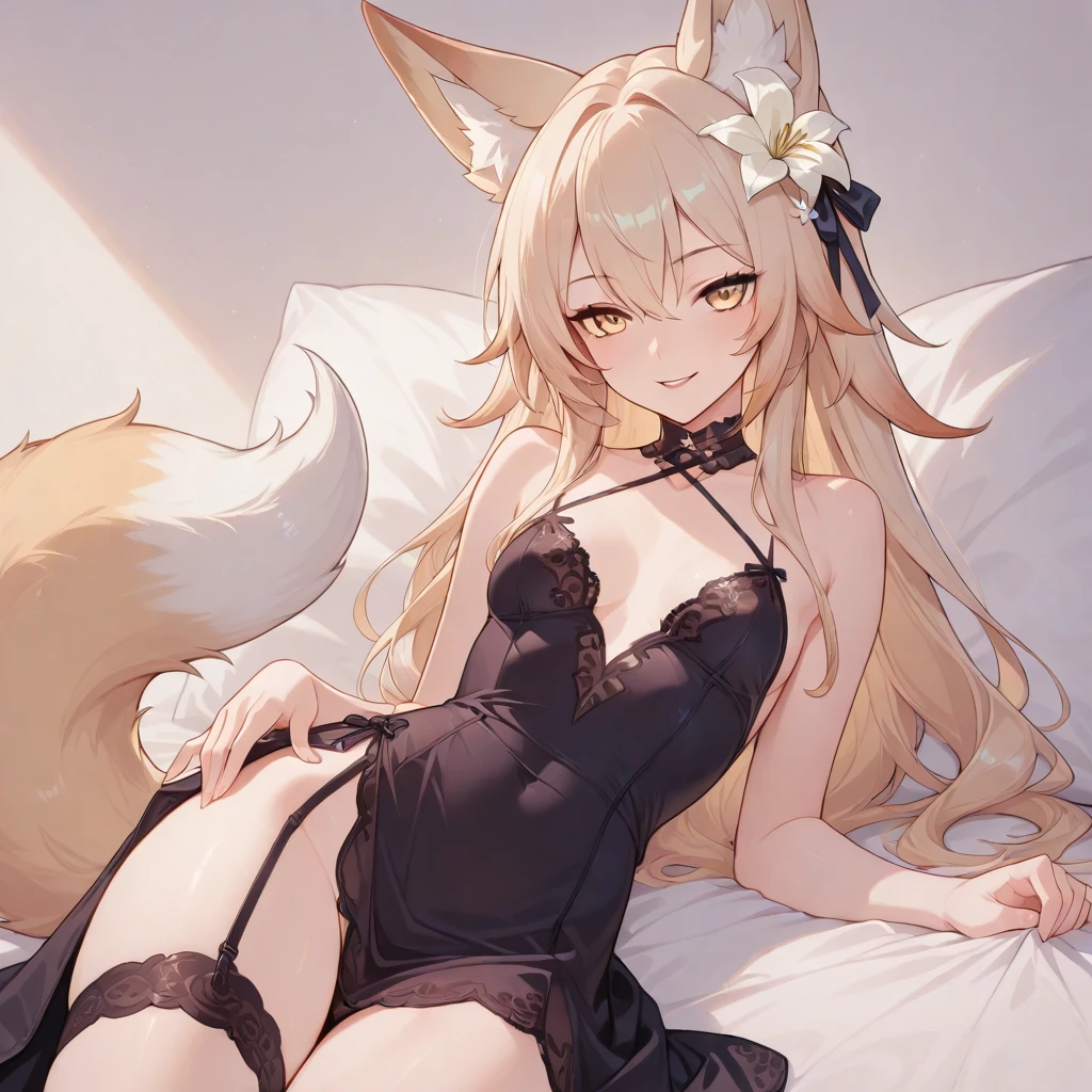 (masterpiece, best quality), Marin Kitagawa, beautiful girl, ((small fox ears)) full-body shot, big breasts, blonde hair, choker, ear piercing, earrings, long hair, piercing, (red eyes:1.5), straight hair, swept bangs, adult, bed, big chest, black bikini with yellow flowers pattern