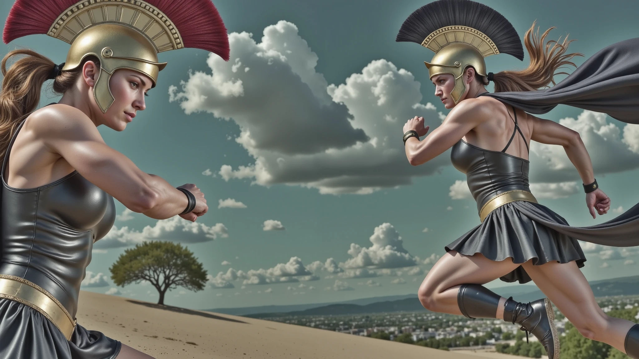 Greek Amazons. They wear black leather Greek armor with bronze cups covering their chests, displaying intricate detailing. Their bronze helmets are adorned with black crests, adding a sense of majesty and ferocity. Flowing black capes trail behind them, highlighting the dramatic movement of their fall. The scene captures the intense action and strength of the Amazons in a highly dynamic and impactful moment. Perfect, realistic hands. Clenched fist, feminine hand.