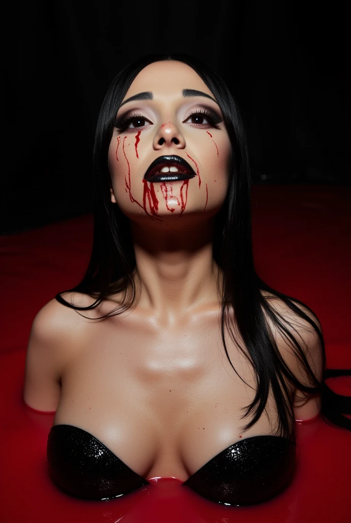 bs, solo, simple background, monochrome, upper body, greyscale, bodysuit, black background, 1other, monster, arms at sides, horror (theme) there is a large-breasted woman in the picture with her arms torn off and her face bleeding, ravens flying in the background, stocking, hot lingerie, big round boobies, red paint splatted on it, white hair