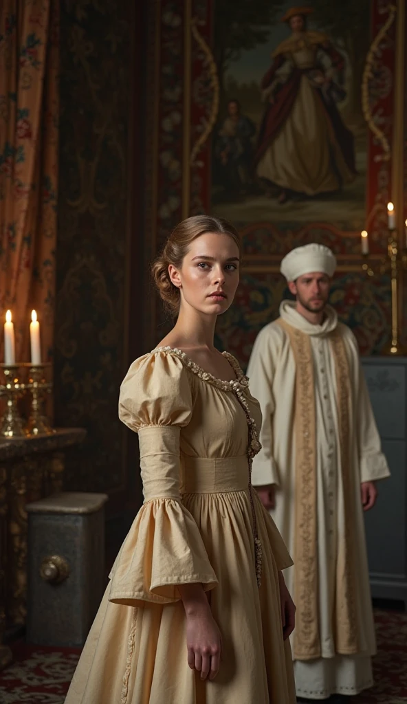 Young woman with a fair complexion, possibly European,  with up-tucked hairstyle , wearing a dress style golden era, of a cream color/beige, with wide sleeves and voluminous skirt.  His expression is serious and attentive. Three-room position, looking at a man who is in the distance.  The man wears a white cassock, with a hat also white, and dresses in the appearance of an ecclesiastical.  Both are in a room with baroque decoration, dark colored, with upholstered walls, curtains and tapestries in classic style. There are candles burning in the background.  A gray metal cube can be seen in the background on the right.  The lighting is dramatic, with soft lights that highlight the figure of the woman and the clothing, , creating a contrast with the rest of the dark environment. The style is pictorial, evocative of a historical scene.   The composition is symmetrical , with the characters located in the middle of the image. The Perspective is slightly from a higher angle. cinematic style and realistic textures 
