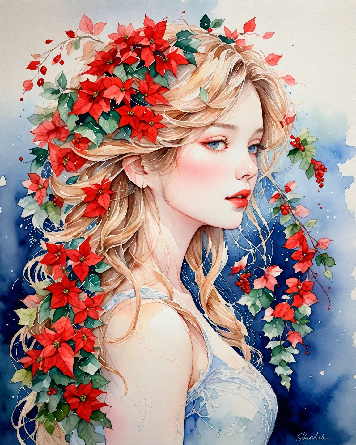     very detailed watercolor painting   ,   She has flowers  , poinsettia ,  reminiscent of winter   ,   that represent a beautiful woman 