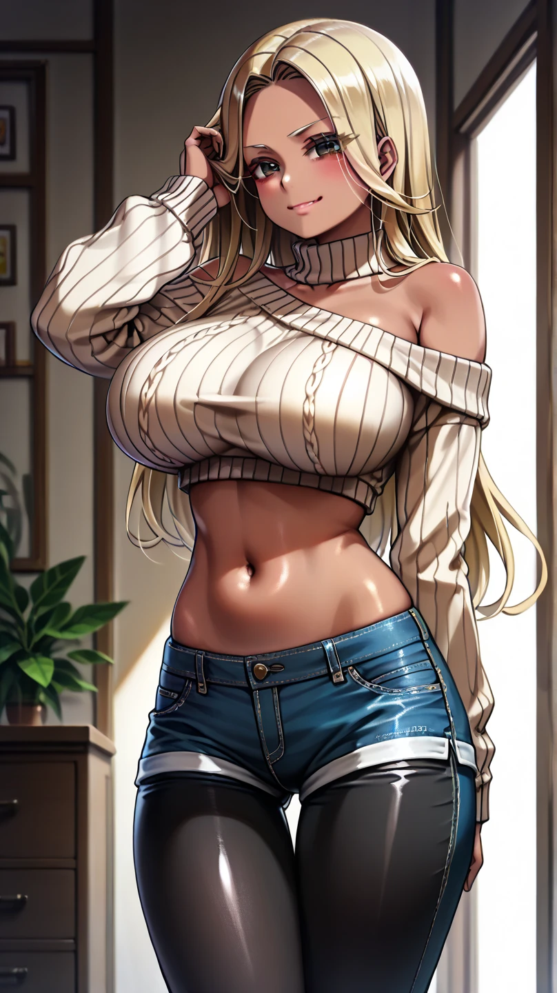 Nishizumi Shiho,Darjeeling,where,
One Woman,
(Blonde:1.5),
(Semi-long hair:middle,)Ashime,Perm,Gradient Hair:Gold-black,
Late 30s,Natural skin texture,Narrow waist,
(Brown skin:1.9),tall,Sunburn,
Japanese Girl,Gal,
light brown eyes,Slightly larger breasts,
((((Black off-the-shoulder sweater)))),
(((Jeans pants))),
((Gold diamond necklace)),
(corset:1.1),
((ID photo:1.8,Plain background:1.6,Capture your subject from the front)),
expression(Straight face),upright posture,
Natural depiction,
Beautiful depiction,
Shiny eyes,
Healthy Body,
Natural hairstyle,
Natural body contours,
Natural facial contours,
(Five fingers)Absolute depiction,Symmetrical fingers,
Two arms,
Two legs,
Sharp eyelid depiction,
Symmetrical eyes,Symmetrical eyes,
Keep the subject in the center,Expand the upper body,
Beautiful image quality,
Delicate shades,
4K,Very detailed,
Delicate light adjustment,
Delicate contour drawing,