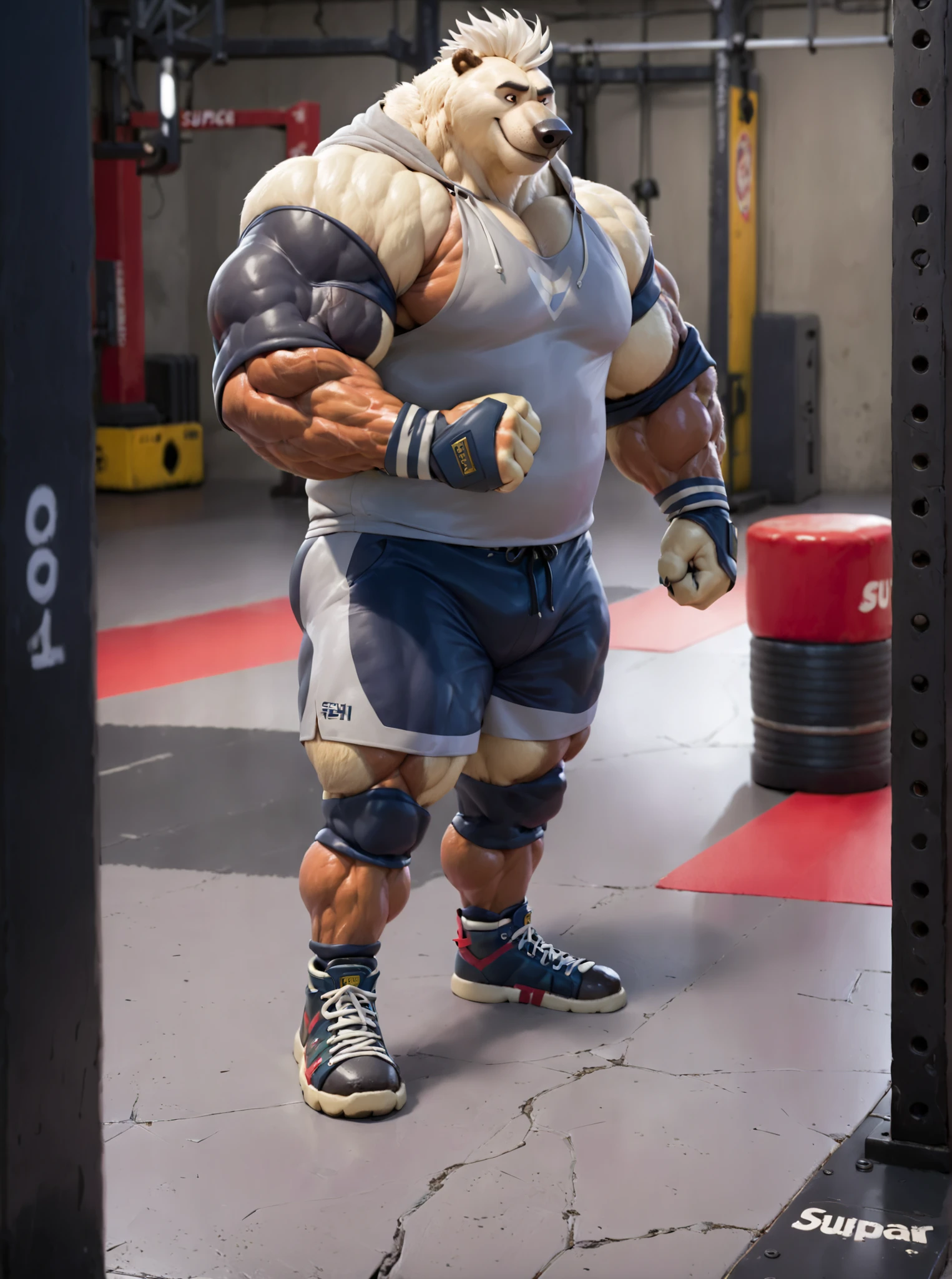 A muscular, over 200 cm tall, over 200 kg, stout, beefy, giant-muscled polar bear with short spiky white hair, a square jawline, a drum belly, thick chest, broad pectorals, thick white fur, humongous thick arms and legs, an intimidating and provocative smile, a grim expression, wearing a tight-fitting Y-shirt, a loose belt, a hooded parka, and red sneakers, in a full-body pose, with an arrogant stance and a monstrous aura, resembling a polar bear with a powerful physique, looking obsessed with strength, (supar humongous ruggered thick muscle:1.5),(supar humongous ruggered thick arms:1.5),(supar humongous ruggered thick arms:1.5),(supar humongous ruggered thick arms:1.5),(supar humongous ruggered thick arms:1.5),(thick legs:1.8),supar humongous rugged thick chest, ultra plump and solidly built man, Alone, thick muscle squared face, rugged face, Sanpaku, Hoodie, black eyes, slanted eyes, punk, red sneakers, gangster, fighting pose, training wear, sneakers, humongous fat muscled body, looking at the viewer, enormous , small pupil eyes, Sanpaku, thick muscled feet, standing pose, supar humongous plump and solidly build, detailed face, sporty spiked hair, formidable looks, sporty muscled squared face, full body shot, Alone, monstrous ultra muscled body, humongous Hulking polar bear, A disdainful look, Character Design, Zootopia art, Disney,