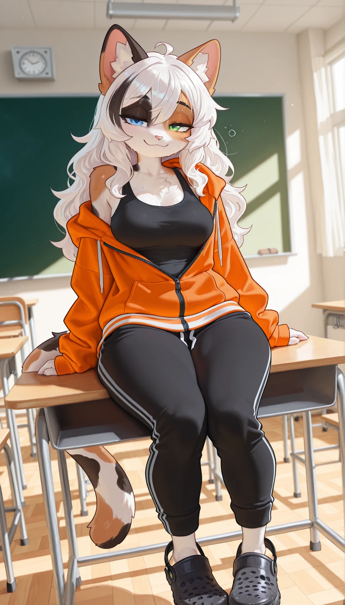 masterpiece, best quality, amazing quality, very aesthetic, high resolution, ultra-detailed, absurdres, newest, scenery, 1girl, calico cat, furry female, white hair (black highlights), long hair, wavy hair, (19-year-old girl), closed mouth, cute smile, tail, medium breast, thighs, hips, orange sweater, (orange striped hoodie), unzipped hoodie, oversized clothes, baggy hoodie, black tank top, single off shoulder, black sweat pants, female focus, contrast lighting, side lighting, masterpiece, best quality, newest, absurdres, highres, amazing quality, very aesthetic, classroom setting, cute eyes, no lineart, cinematic, dynamic angle, solo, ambient lighting, sitting on desk, black crocs shoes, tired eyes, half-closed eyes, heterochromia eyes (one green eye, one blue eye)
