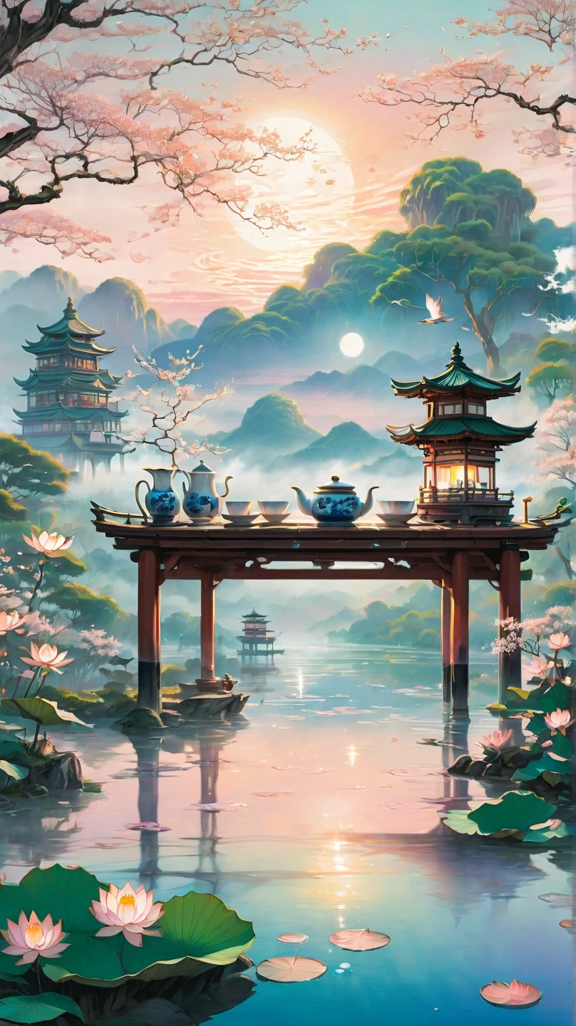 A magical tea ceremony at dawn, held in an open pavilion surrounded by a still lake with lotus flowers, soft steam rising from delicate porcelain cups, a crane standing nearby in the mist, cherry blossoms floating on water, pastel morning sky, Studio Ghibli level aesthetics, intricate cultural details, calm and meditative energy